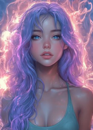 Enchanted Beauty: Purple Hair, Captivating Gaze - Premium Wooden Framed Poster. Ready to Hang.