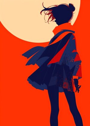 Anime Girl Silhouette: A Bold Statement in Red and Blue - Premium Wooden Framed Poster. Ready to Hang.
