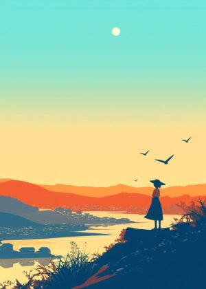 Silhouette Sunset Landscape: Serene Vista - Premium Wooden Framed Poster. Ready to Hang.