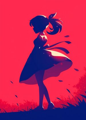 Anime Girl Silhouette: Windswept Elegance - Premium Wooden Framed Poster. Ready to Hang.