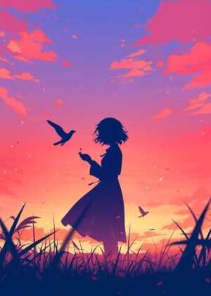 Silhouette Girl at Sunset: Peaceful Evening Art Print - Premium Wooden Framed Poster. Ready to Hang.