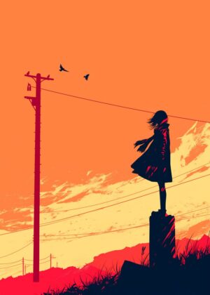Silhouette Girl at Sunset: A Touch of Melancholy - Premium Wooden Framed Poster. Ready to Hang.