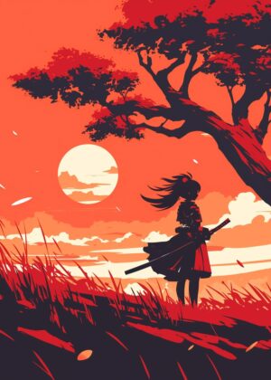 Samurai Sunset: A Silhouette of Strength and Serenity - Premium Wooden Framed Poster. Ready to Hang.