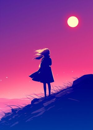 Silhouette Girl at Sunset: A Peaceful Evening - Premium Wooden Framed Poster. Ready to Hang.