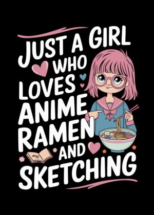 Anime Girl Ramen Lover Sketching Design - Premium Wooden Framed Poster. Ready to Hang.