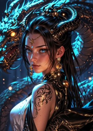 Enchantress and Golden Dragon: Fantasy Art Print - Premium Wooden Framed Poster. Ready to Hang.