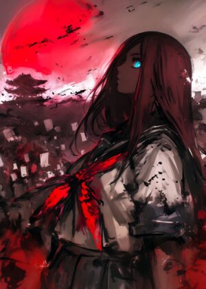 Anime Girl Blood Moon: Fiery Red and Azure Eyes - Premium Wooden Framed Poster. Ready to Hang.