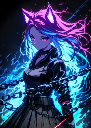 Cyberpunk Anime Girl with Wolf Ears: Neon Dreams - Premium Wooden Framed Poster. Ready to Hang.