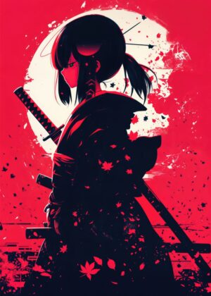 Kawaii Samurai Girl: Anime Katana Artwork - Premium Wooden Framed Poster. Ready to Hang.