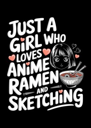 Anime Ramen Girl Sketching Art Print - Premium Wooden Framed Poster. Ready to Hang.