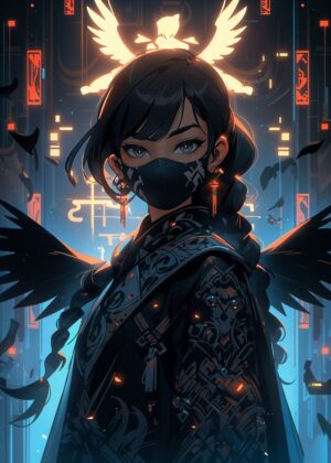 Cyberpunk Anime Girl: Dark Angel - Premium Wooden Framed Poster. Ready to Hang.