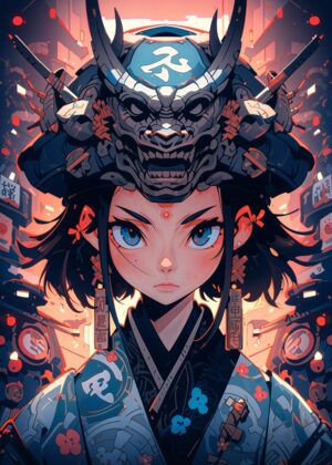 Cyberpunk Oni Mask Anime Girl Art Print - Premium Wooden Framed Poster. Ready to Hang.