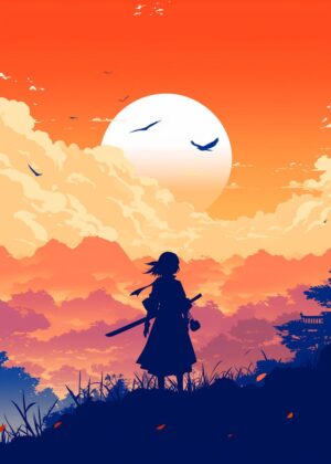 Silhouette Samurai Sunset: A Serene Warrior's Journey - Premium Wooden Framed Poster. Ready to Hang.