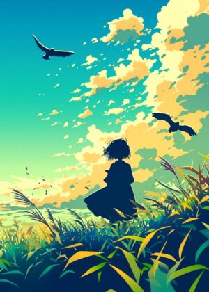Serene Silhouette in a Summer Field - Premium Wooden Framed Poster. Ready to Hang.