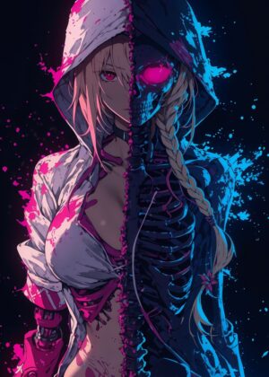 Anime Girl Skeleton Split: Digital Art Print - Premium Wooden Framed Poster. Ready to Hang.
