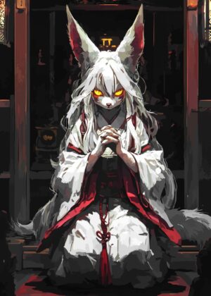 Mystical Kitsune Shrine Maiden Vector Art - Premium Wooden Framed Poster. Ready to Hang.