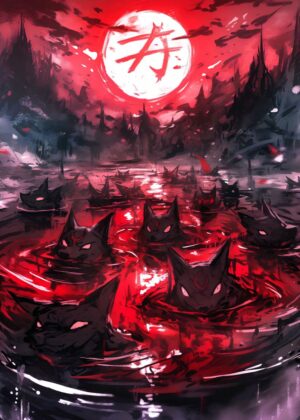 Crimson Moonlit Howl: Digital Art Print - Premium Wooden Framed Poster. Ready to Hang.