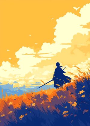 Silhouetted Warrior in a Sunset Meadow - Premium Wooden Framed Poster. Ready to Hang.
