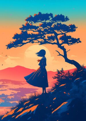 Silhouette Girl at Sunset: A Serene Artwork - Premium Wooden Framed Poster. Ready to Hang.