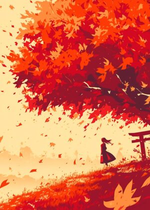 Autumn Serenity: Under a Crimson Canopy - Premium Wooden Framed Poster. Ready to Hang.
