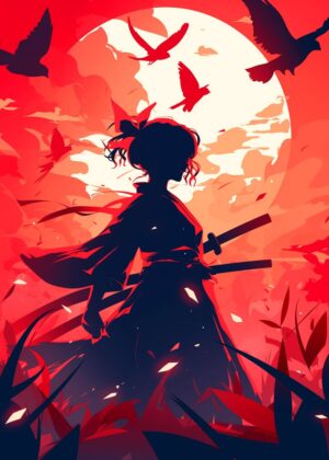 Crimson Samurai: A Silhouette of Strength and Grace - Premium Wooden Framed Poster. Ready to Hang.