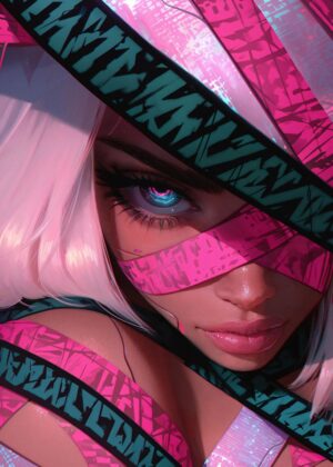 Cyberpunk Woman Portrait: Neon Dreams - Premium Wooden Framed Poster. Ready to Hang.