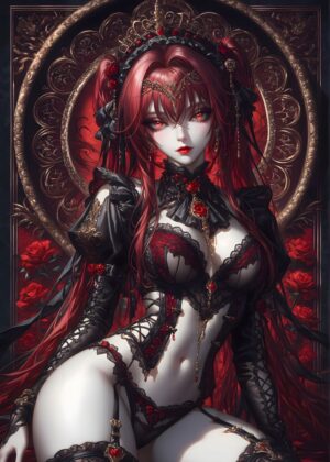 Crimson Gothic Beauty: Anime Art Print - Premium Wooden Framed Poster. Ready to Hang.