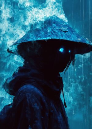Blue Flame Warrior: Digital Art Print - Premium Wooden Framed Poster. Ready to Hang.