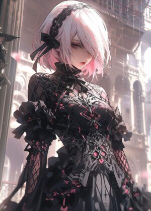 Gothic Anime Girl in Black Dress Art Print - Premium Wooden Framed Poster. Ready to Hang.