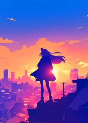 Anime Girl Silhouette at Sunset Cityscape - Premium Wooden Framed Poster. Ready to Hang.