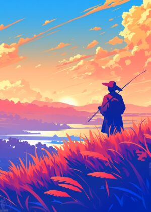 Silhouette at Sunset: A Serene Landscape Artwork - Premium Wooden Framed Poster. Ready to Hang.