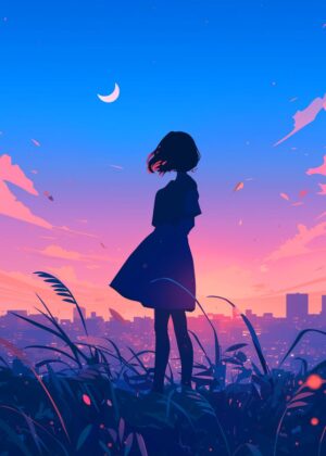 Silhouette Girl at Sunset: A Dreamy Digital Art Print - Premium Wooden Framed Poster. Ready to Hang.