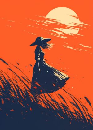 Silhouette of Woman in Sunset Field - Premium Wooden Framed Poster. Ready to Hang.