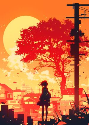 Silhouette Girl Sunset: A Moment of Tranquility - Premium Wooden Framed Poster. Ready to Hang.