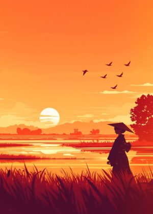 Serene Japanese Sunset Landscape Art Print - Premium Wooden Framed Poster. Ready to Hang.