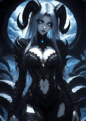 Dark Fantasy Demoness Art Print: Blue Eyed Beauty - Premium Wooden Framed Poster. Ready to Hang.