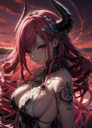 Anime Demon Girl with Horns: Fiery Sunset Beauty - Premium Wooden Framed Poster. Ready to Hang.