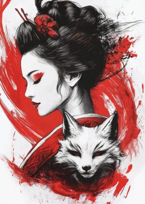 Geisha and Fox: A Study in Red and Black - Premium Wooden Framed Poster. Ready to Hang.