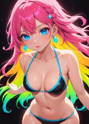 Neon Anime Girl in Bikini: Vibrant Digital Art Print - Premium Wooden Framed Poster. Ready to Hang.