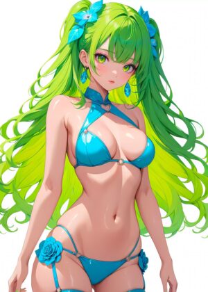 Vibrant Green Hair Anime Girl in a Blue Bikini - Premium Wooden Framed Poster. Ready to Hang.