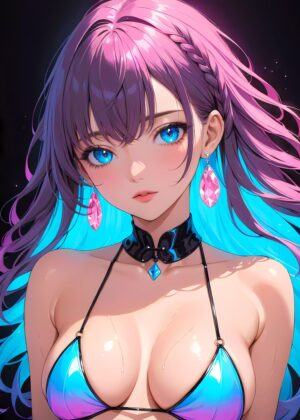 Stunning Anime Girl with Vibrant Blue and Purple Hair - Premium Wooden Framed Poster. Ready to Hang.