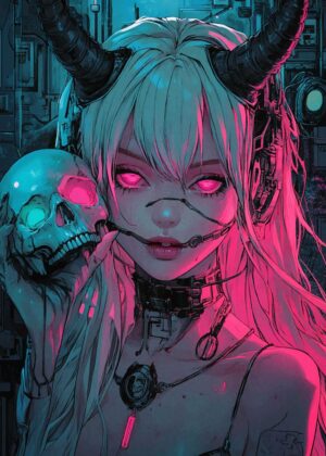 Cyberpunk Demon Girl: Digital Art Print - Premium Wooden Framed Poster. Ready to Hang.