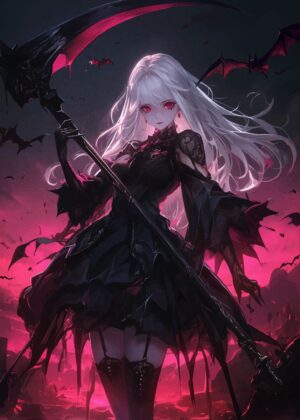 Dark Anime Girl with Scythe: Gothic Fantasy Art Print - Premium Wooden Framed Poster. Ready to Hang.