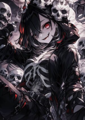 Dark Anime Girl Skull Art Print - Premium Wooden Framed Poster. Ready to Hang.