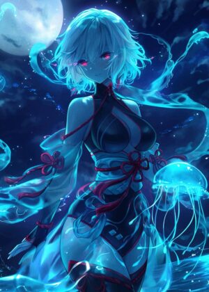 Luminous Siren: Anime Girl and Jellyfish Artwork - Premium Wooden Framed Poster. Ready to Hang.