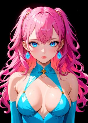 Stunning Anime Girl with Pink Hair and Blue Outfit - Premium Wooden Framed Poster. Ready to Hang.