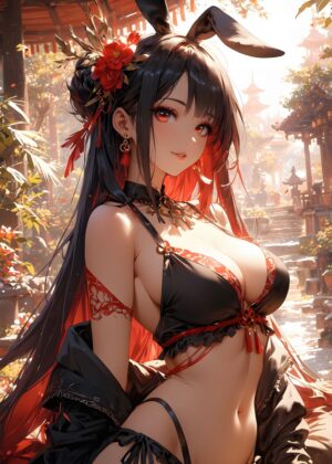 Anime Girl in Red and Black: A Stunning Digital Artwork - Premium Wooden Framed Poster. Ready to Hang.