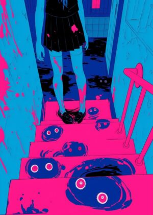 Girl Descending Pink Stairs - Premium Wooden Framed Poster. Ready to Hang.