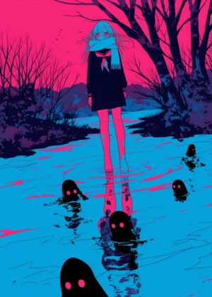 Girl in Blue Water: A Surreal Anime Art Print - Premium Wooden Framed Poster. Ready to Hang.