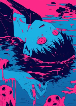 Drowning in Cyan and Magenta: Anime Art Print - Premium Wooden Framed Poster. Ready to Hang.